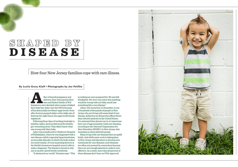 Portrait of Young Boy smiling against white wall with Insulin Pump on arm  for New Jersey Monthly Magazine.