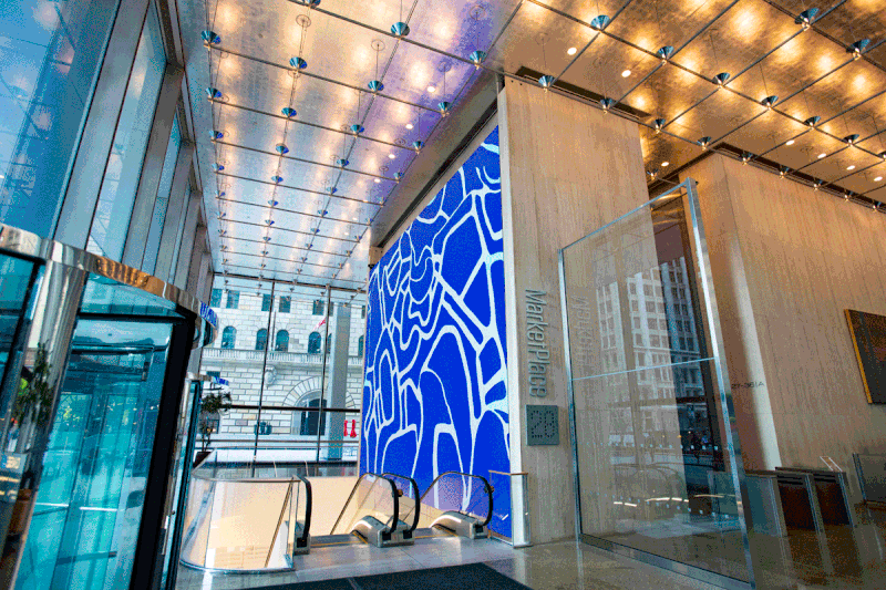 Photo of an animated Video Wall by FLOAT4 at 28 Liberty Street New York NY