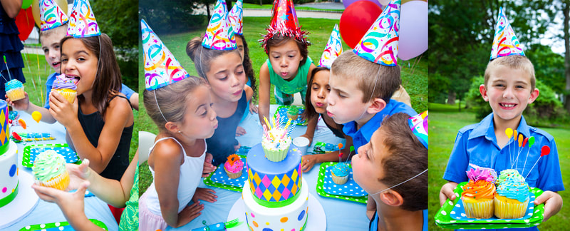 Photograph of kids at a birthday party blowing out candles